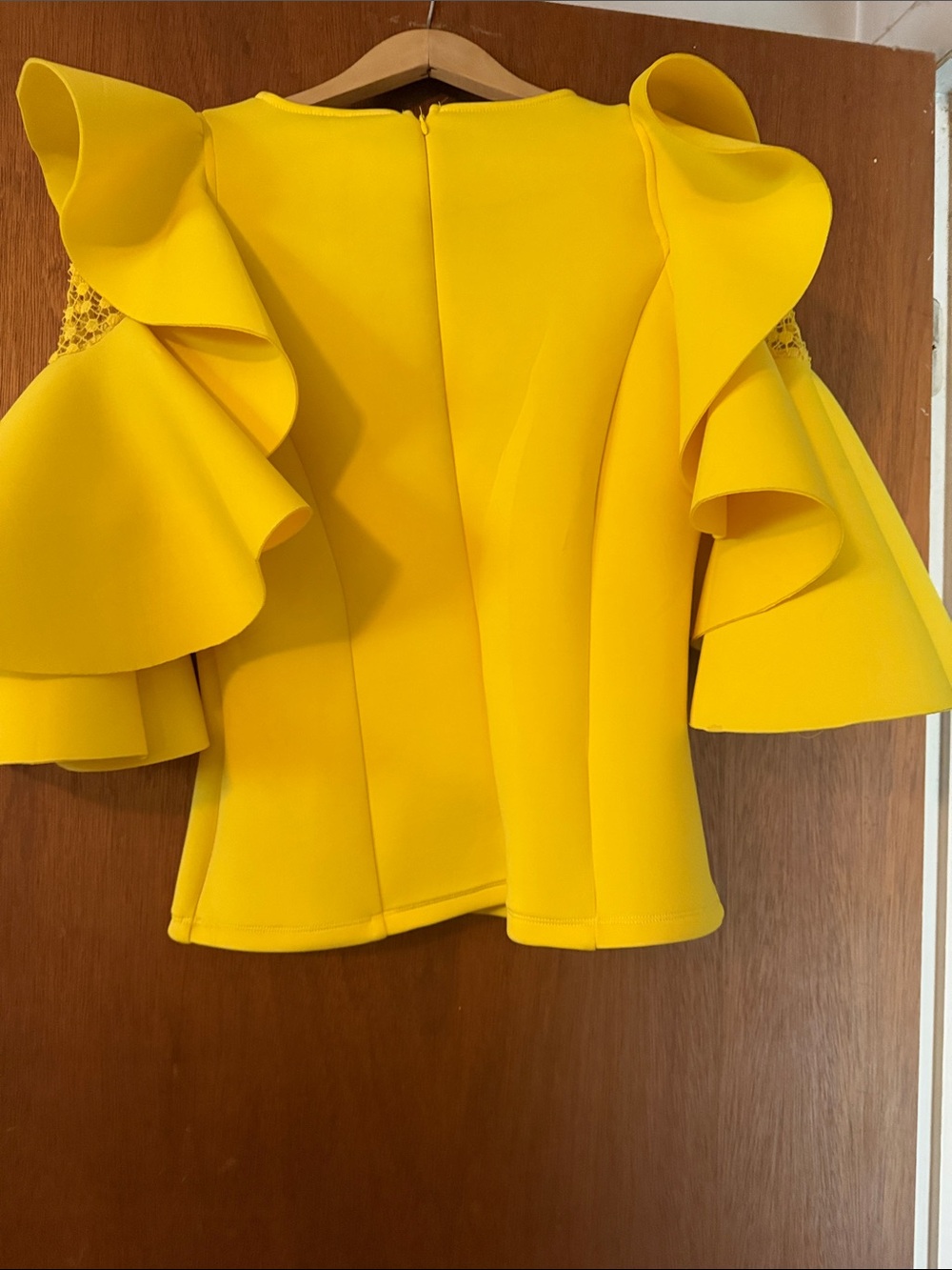 White House Black Market Bright Yellow Ruffle Sleeve Peplum Blouse - Picture 2 of 3